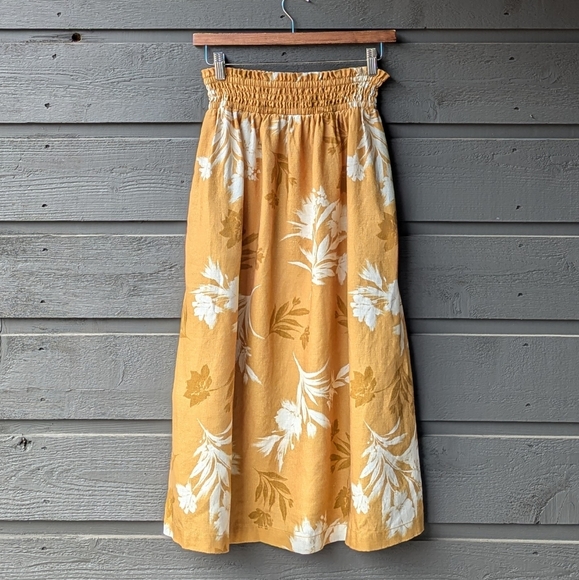 NWOT Garnet Hill Smocked-Waist Linen Midi Skirt Marigold Tan White Size Small - Picture 1 of 10
